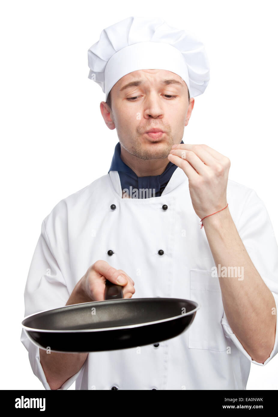 chef with pan in uniform Stock Photo