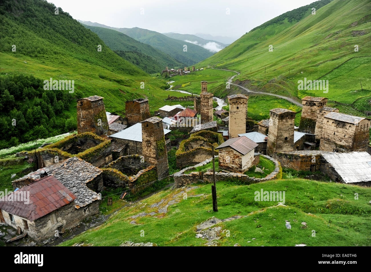 Ancient svan towers in Ushguli village in the upper Svaneti region in Georgia Stock Photo