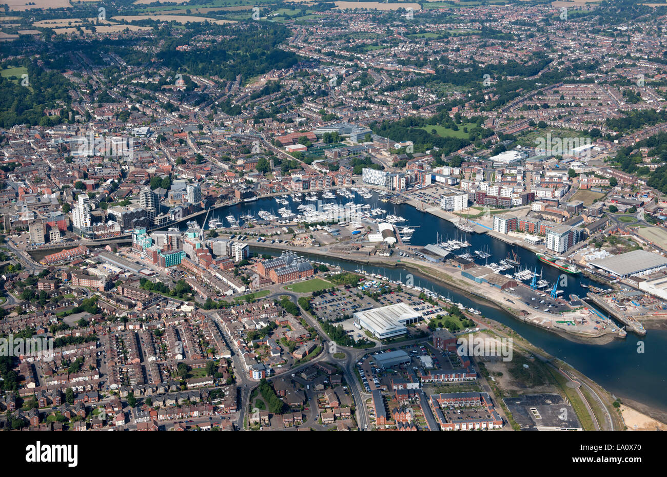 An aerial view of Ipswich Suffolk with the town centre, Football