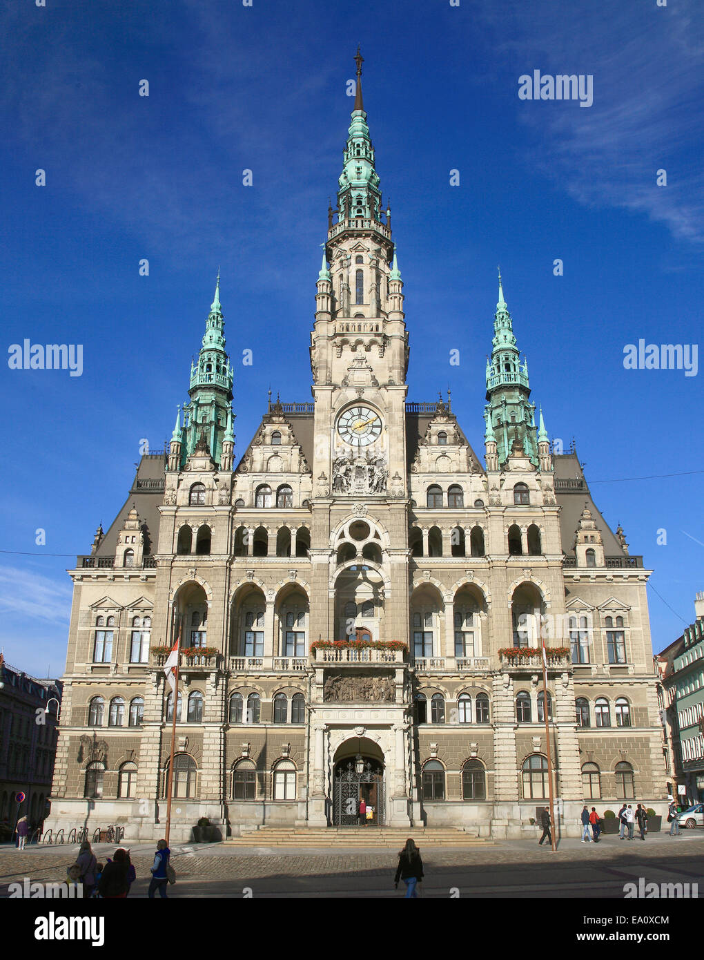 Reichberg, Czech Republic. 27th Oct, 2014. A view of the entrance facade of the town hall in Reichberg, Czech Republic, 27 October 2014. The town hall with its 65 metre tall spire was built according to the plance of architect Franz von Neumann between 1888 and 1893. Due to its architectural similarity with the Vienna's city hall, Reichenberg ist also know as the Vienna of the North. Photo: Frederik Wolf/dpa - - NO WIRE SERVICE -/dpa/Alamy Live News Stock Photo