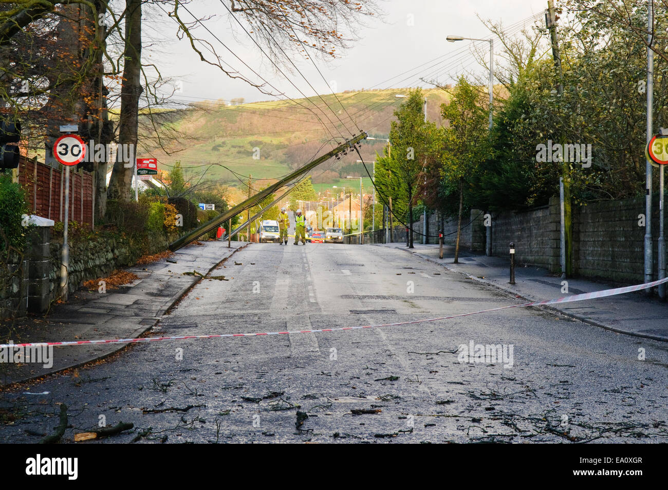 Fallen electricity poles following severe winds. Stock Photo