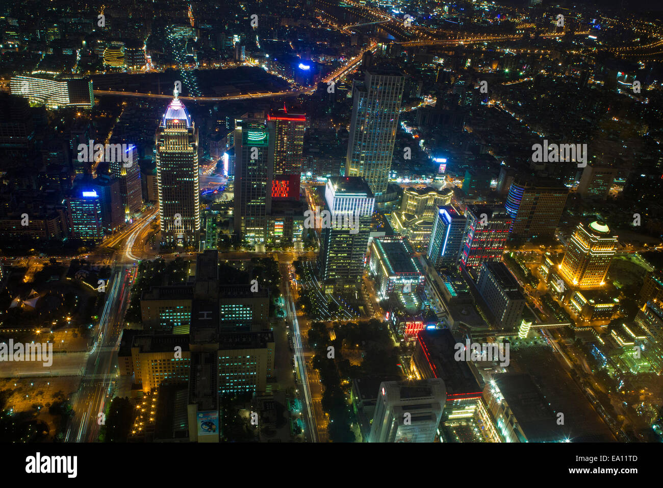 Aerial view of city at night, Taipei, Taiwan, China Stock Photo