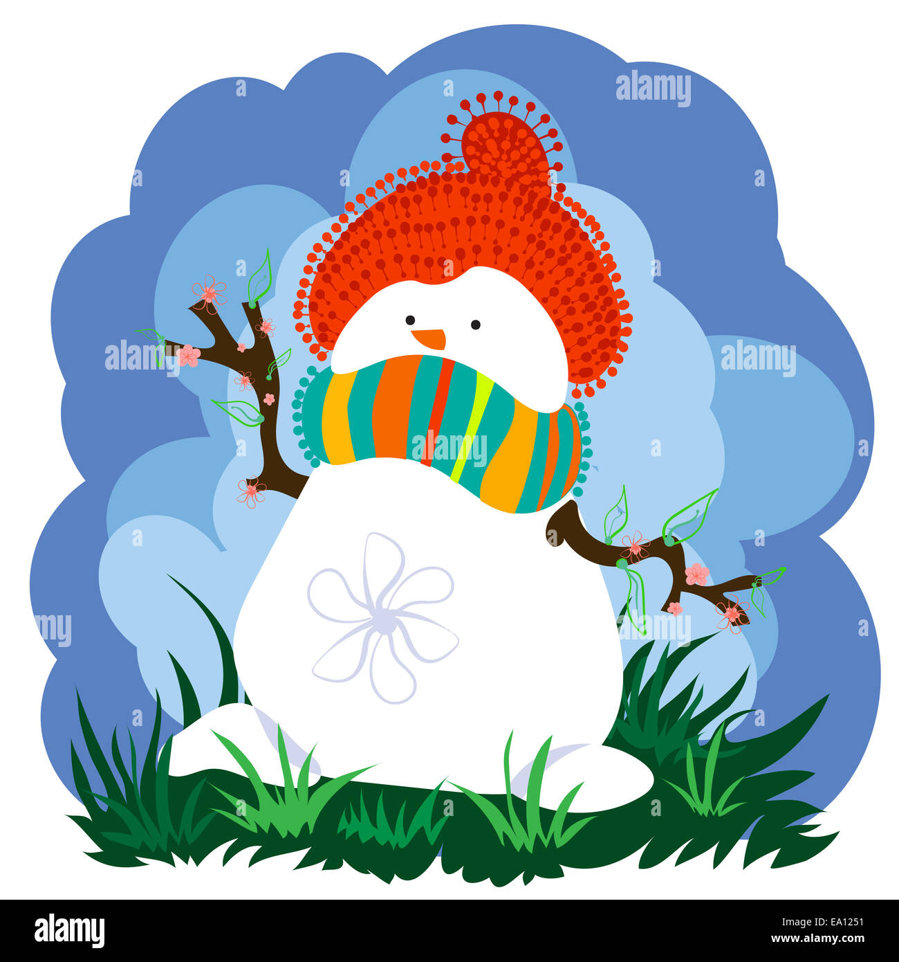 Snowman in Spring With Clouds Stock Photo
