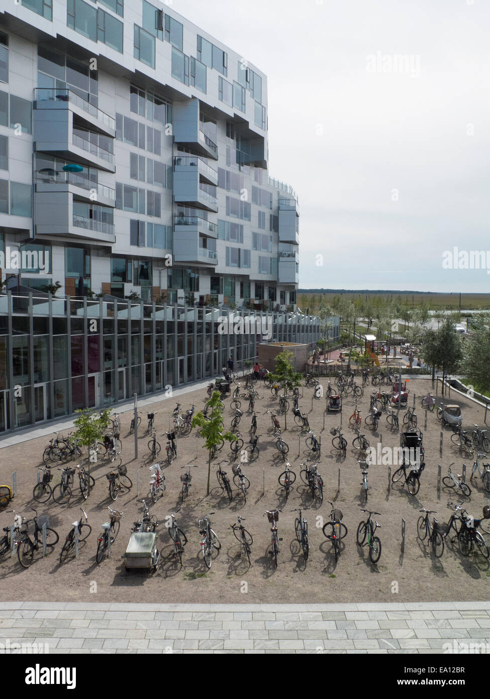View of 8 House apartments and bicycle park, Copenhagen, Denmark Stock Photo