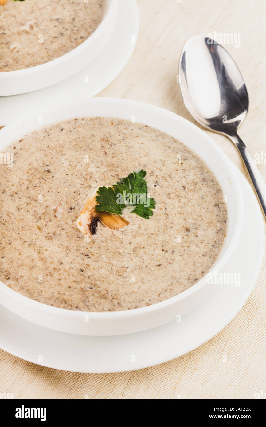 mushrooms cream soup with croutons - dried white loaf Stock Photo - Alamy