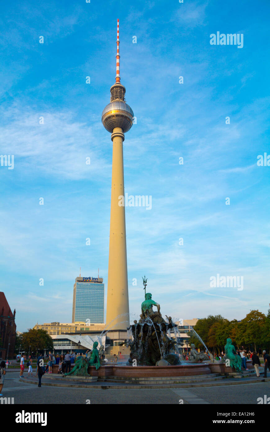 Neptunbrunnen fountain and Fernsehturm, Berlin TV Tower, Alexanderplatz square, Mitte district, east Berlin, Germany Stock Photo