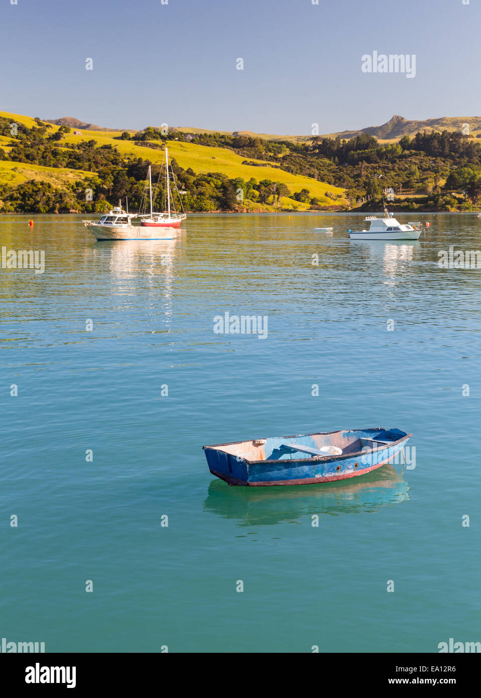 Empty blue rowing boat Akaroa Harbor Stock Photo