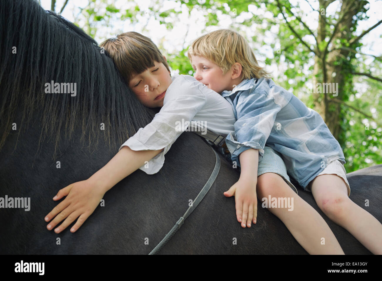 Cropped shot of two brother riding on horse Stock Photo