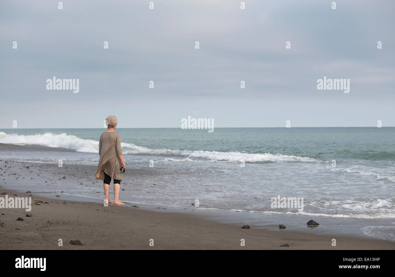 Rear view of senior woman gazing out to sea, Dana Point, California, USA Stock Photo