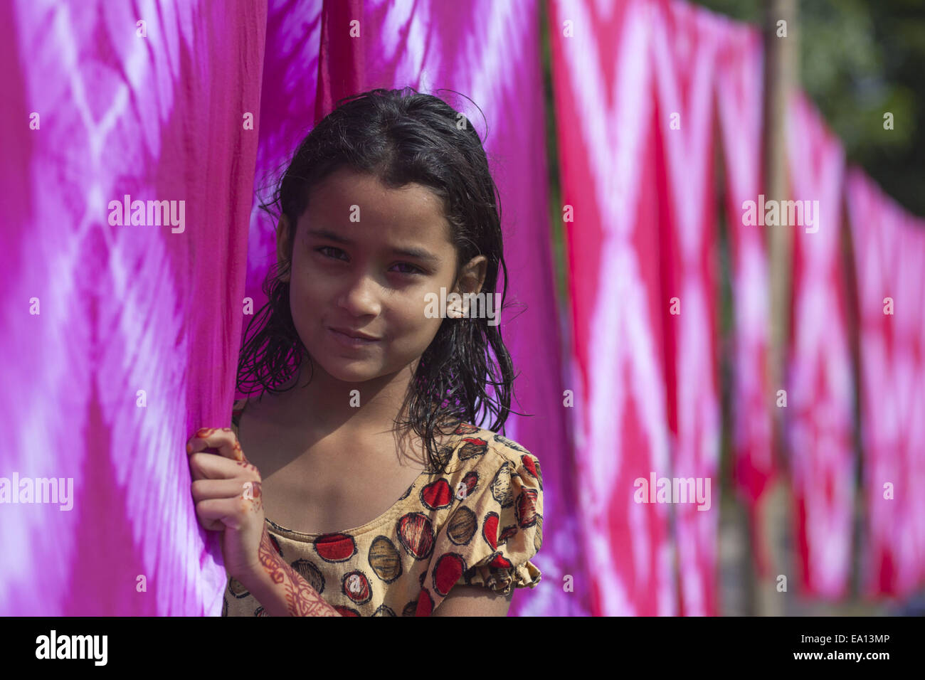 Nov. 5, 2014 - Narayangonj, Bangladesh - A girl drying dyed cloths under sun,she is contributing to her family business..Village people in Bangladesh doing hand dyed clothing business.Taking small loan they collect raw cloths from factory,after dyed they dried them under sun and then sell them in market and they are stable now. (Credit Image: © Zakir Hossain Chowdhury/ZUMA Wire) Stock Photo