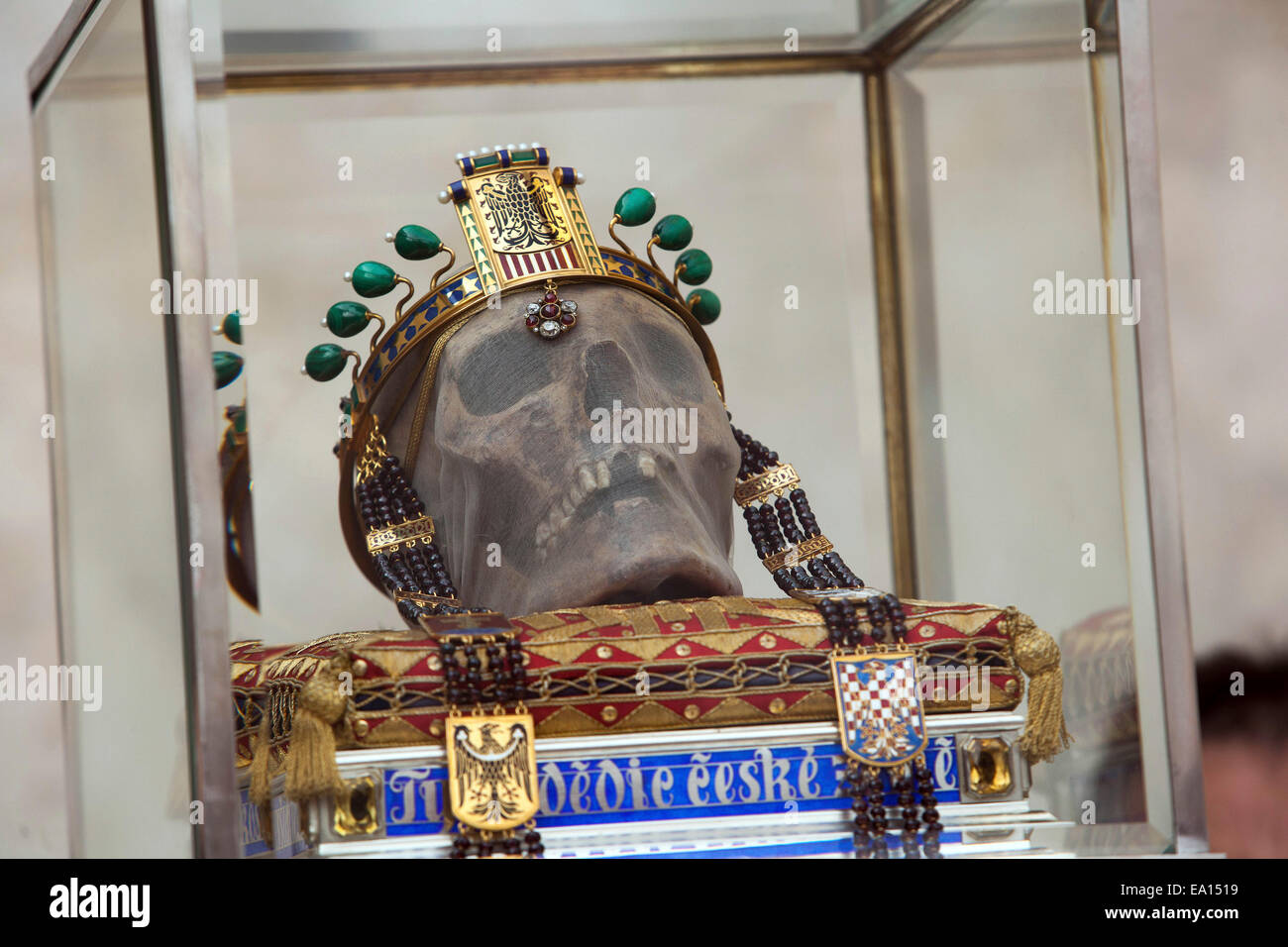 Skull of St. Wenceslas in glass box during the pilgrimage to the site