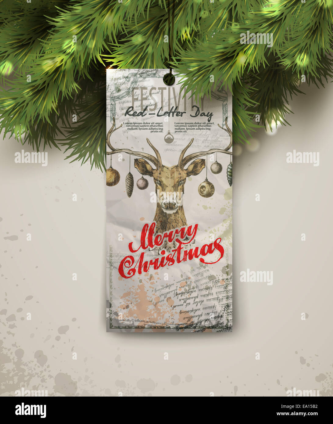 Merry Christmas. Christmas tree and label Stock Photo