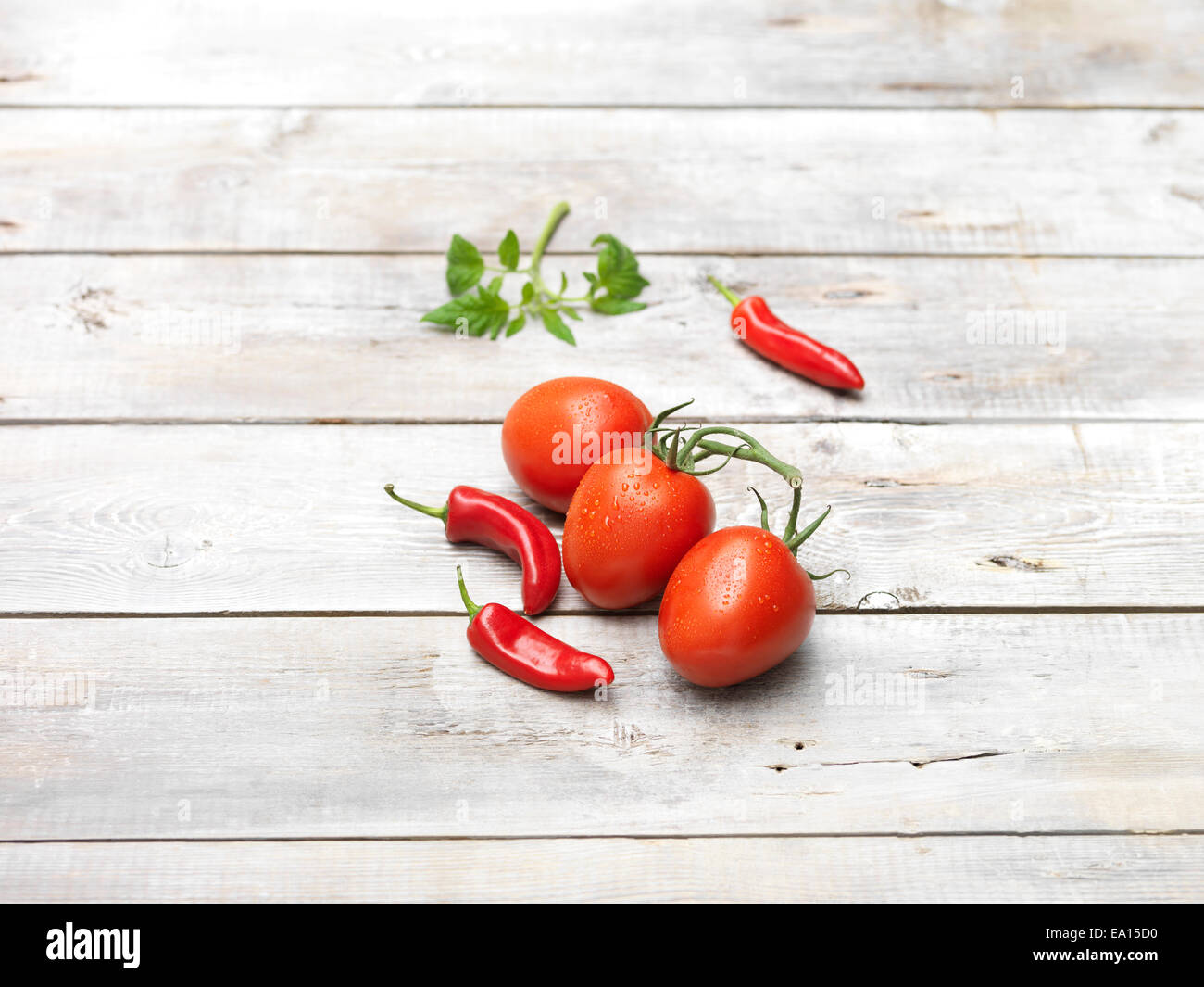 Red chilli, juicy sweet tomatoes, raw green basil Stock Photo