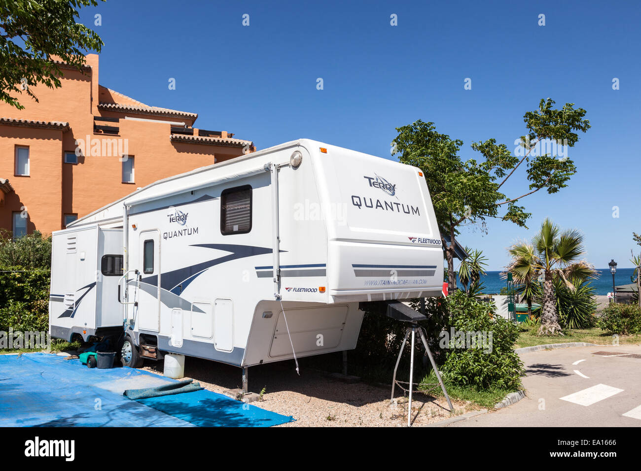 Semi trailer caravan on a camping site in Spain Stock Photo