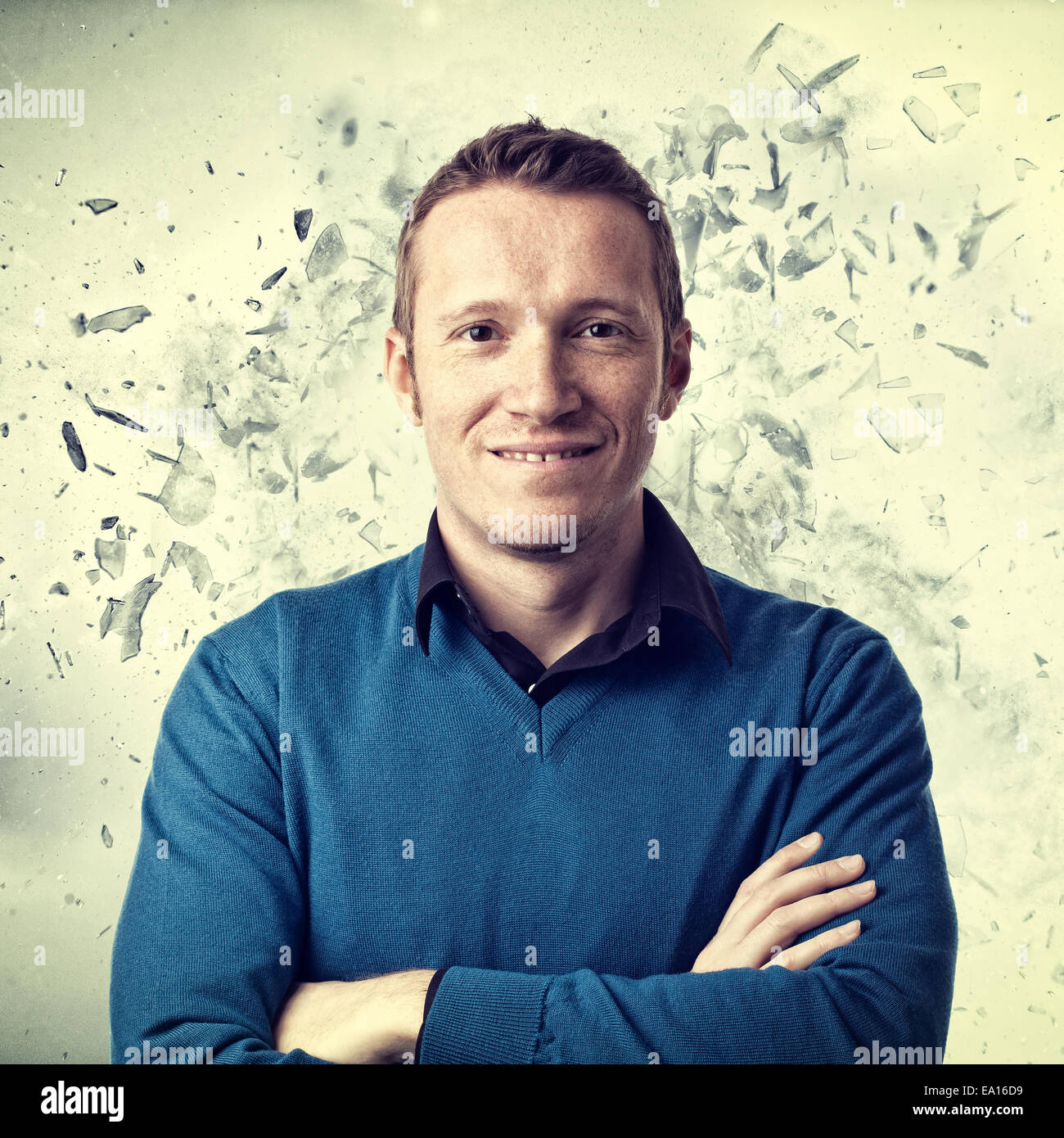 stressed man and background explosion Stock Photo - Alamy