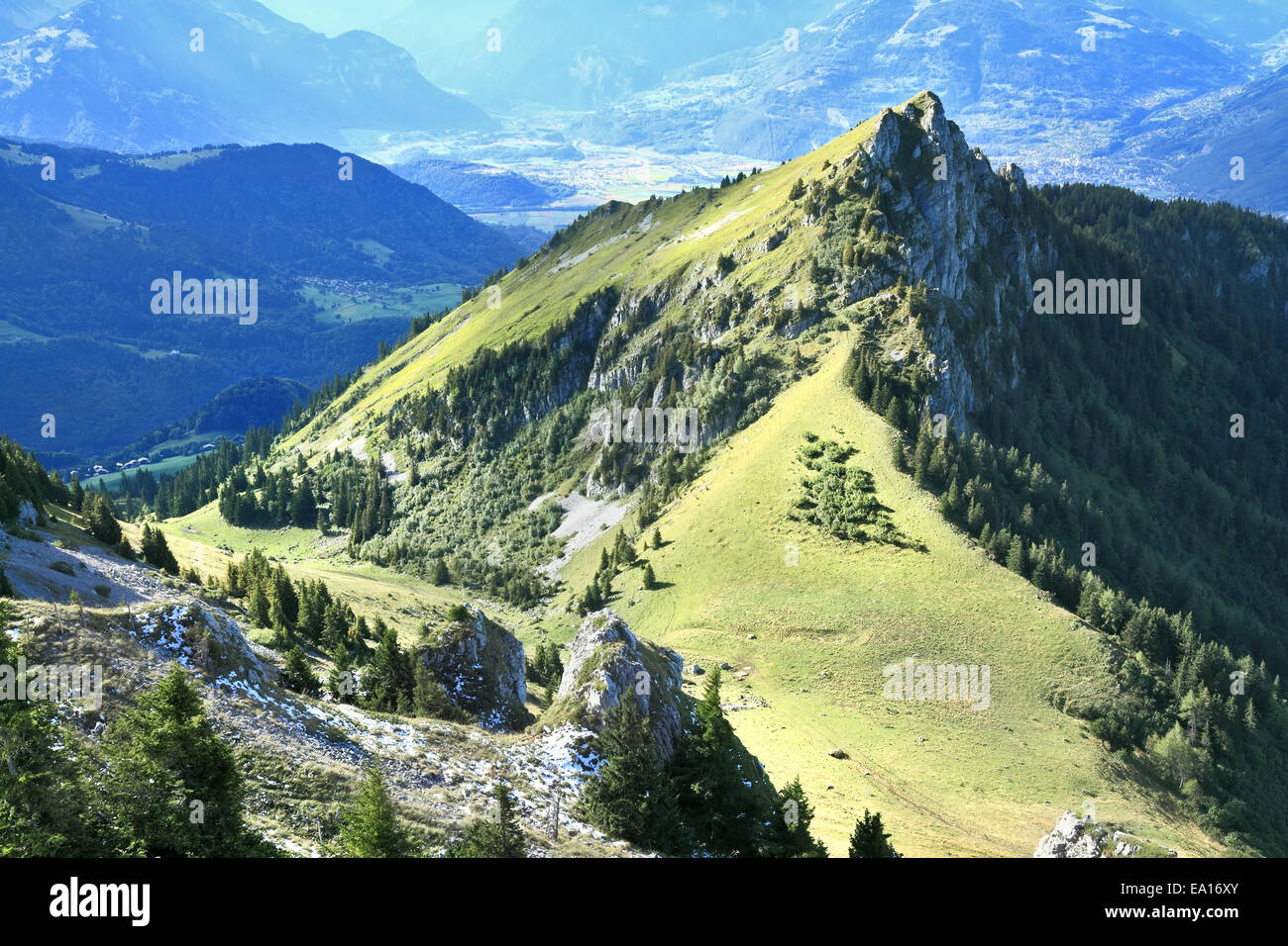 The jagged peaks and gentle alpine meadows Stock Photo