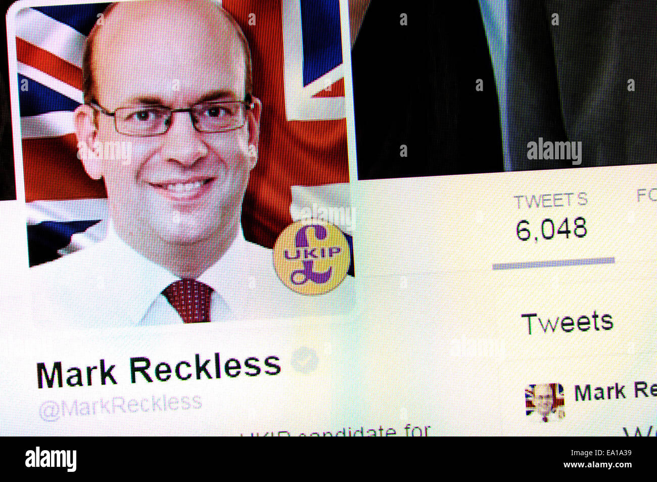 Mark Reckless' Twitter account - screenshot of profile page (whilst still UKIP MP) Stock Photo