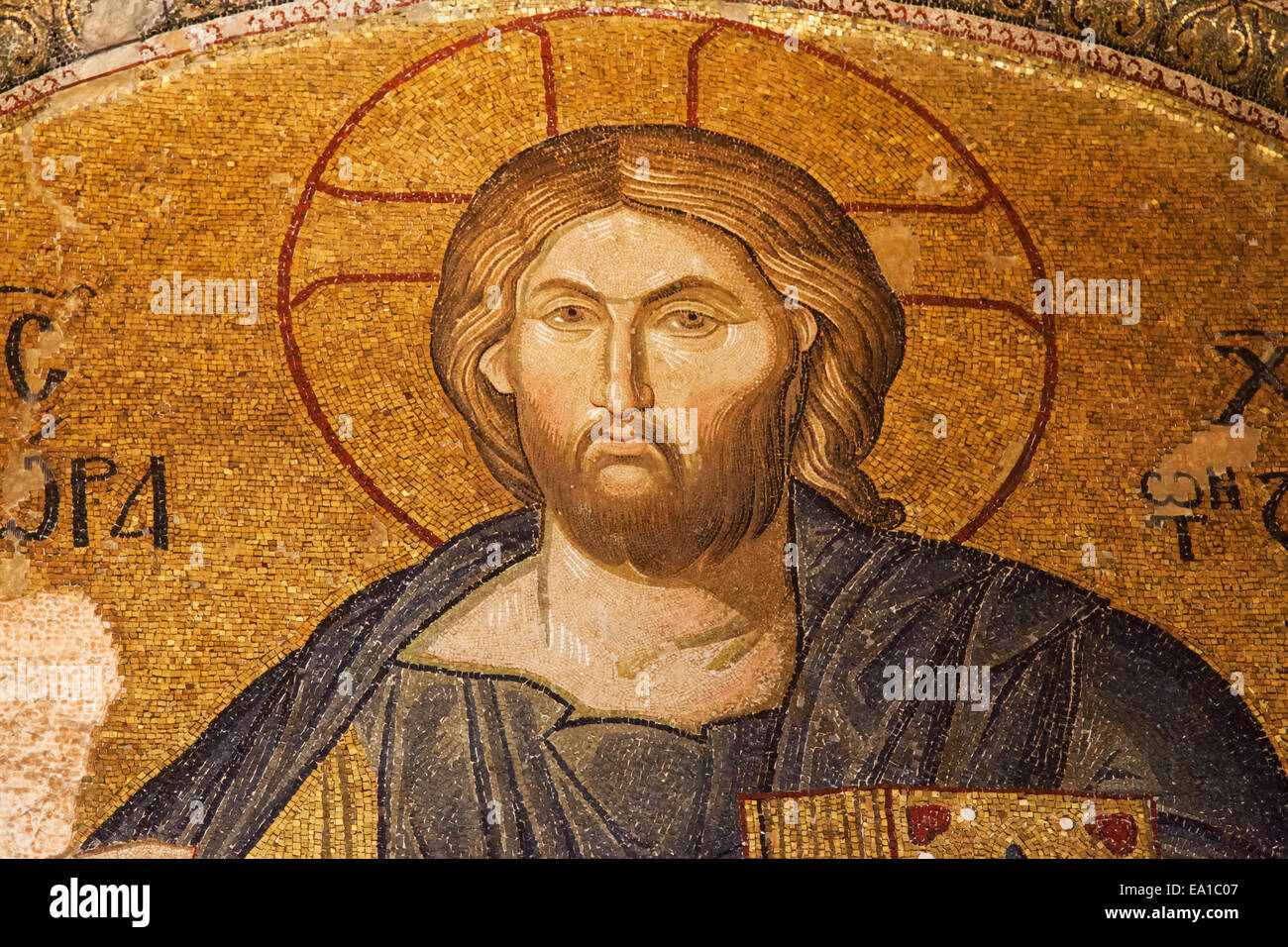 Christ Pantocrator mosaic in the Tympanon between Exonarthex and Narthex of the Chora Church, Istanbul, Turkey. Stock Photo