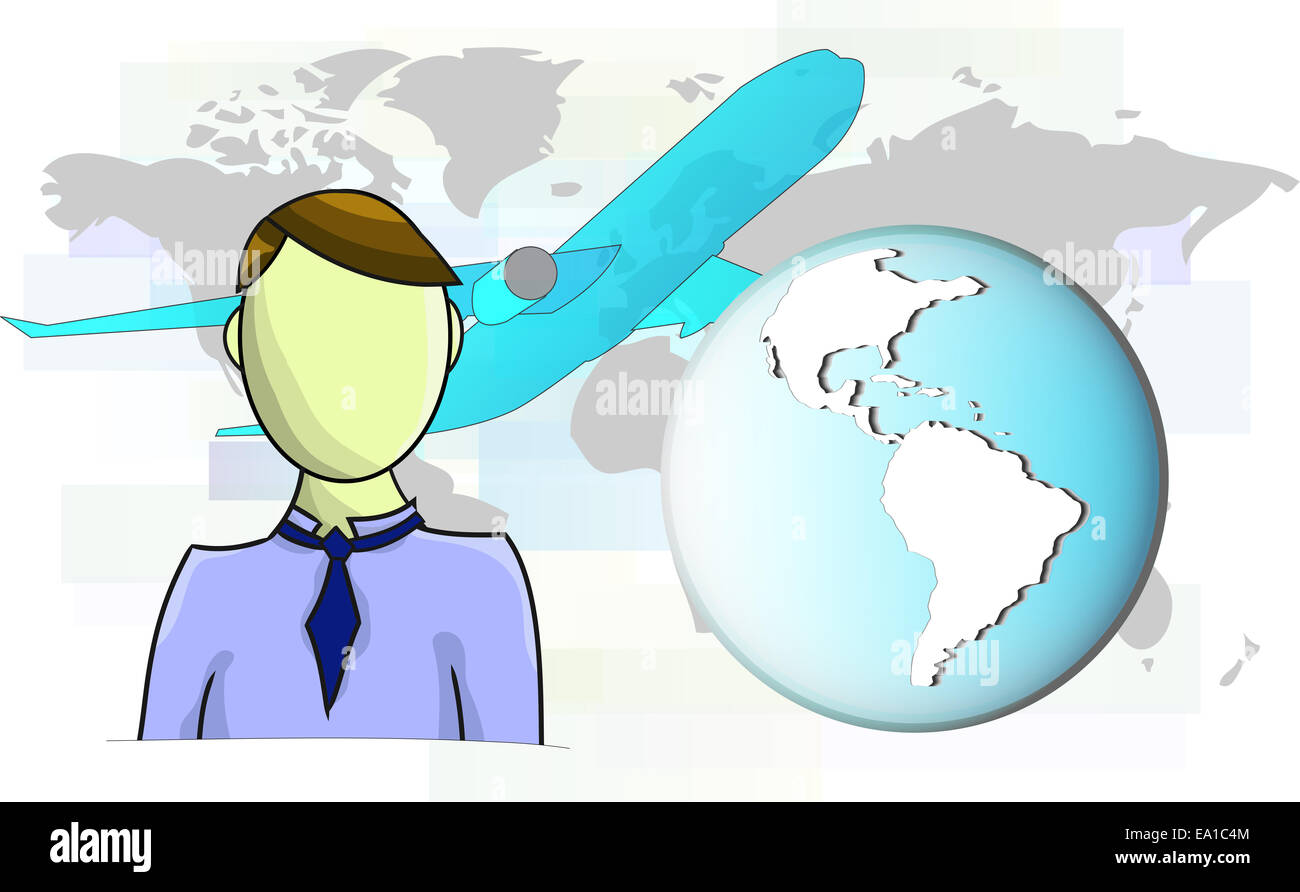 Illustration of businessman with airplane and world map. Elements of ...