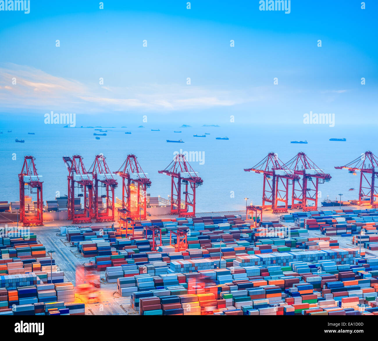 shanghai container terminal at dusk Stock Photo