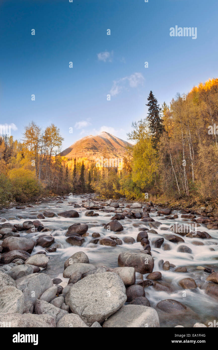 Sunset and fall colors, Little Susitna River near entrance to Hatcher Pass in Talkeetna Mountains north of Palmer, Southcentral Alaska, USA Stock Photo