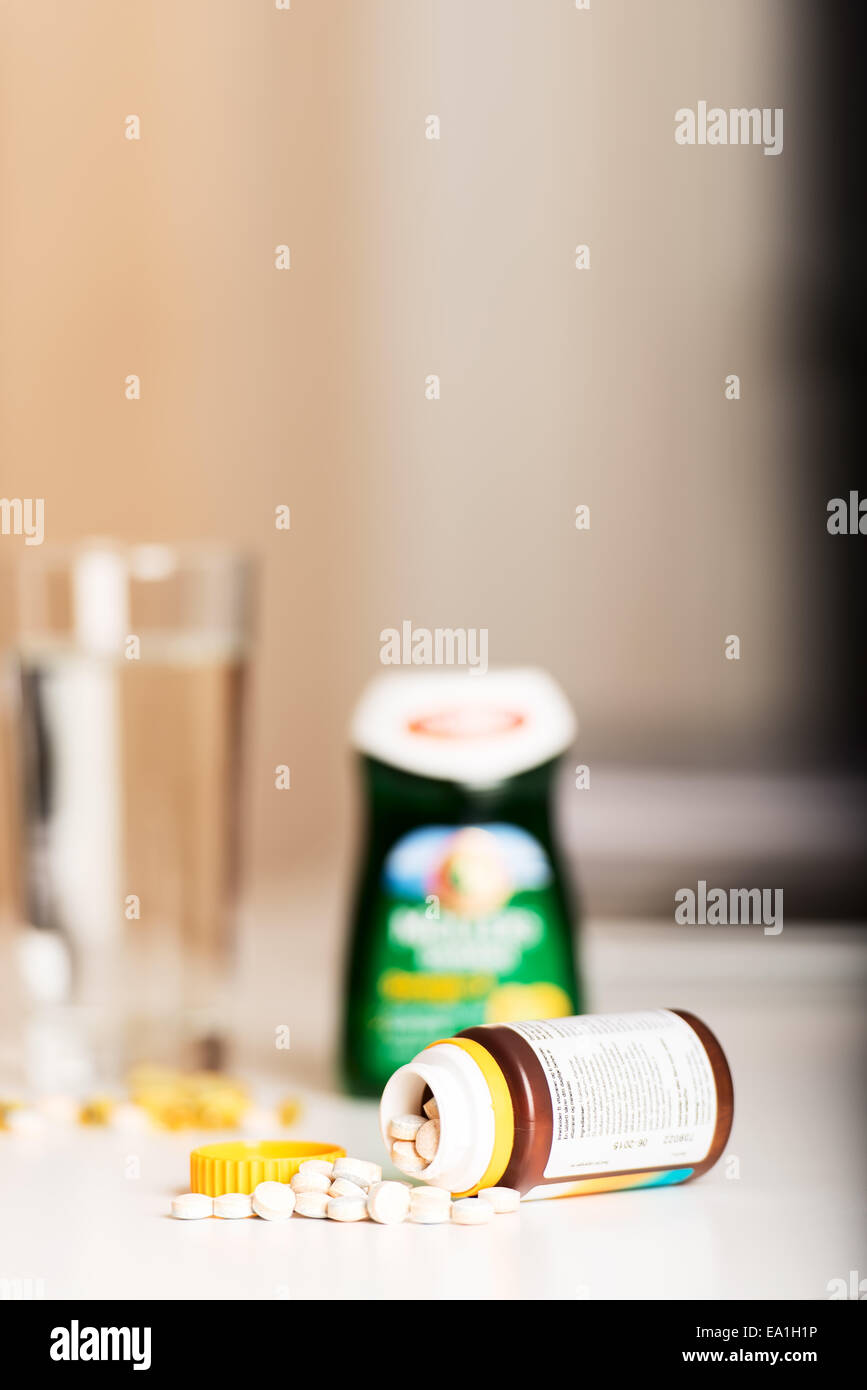 Vitamin pills on table with copy space Stock Photo