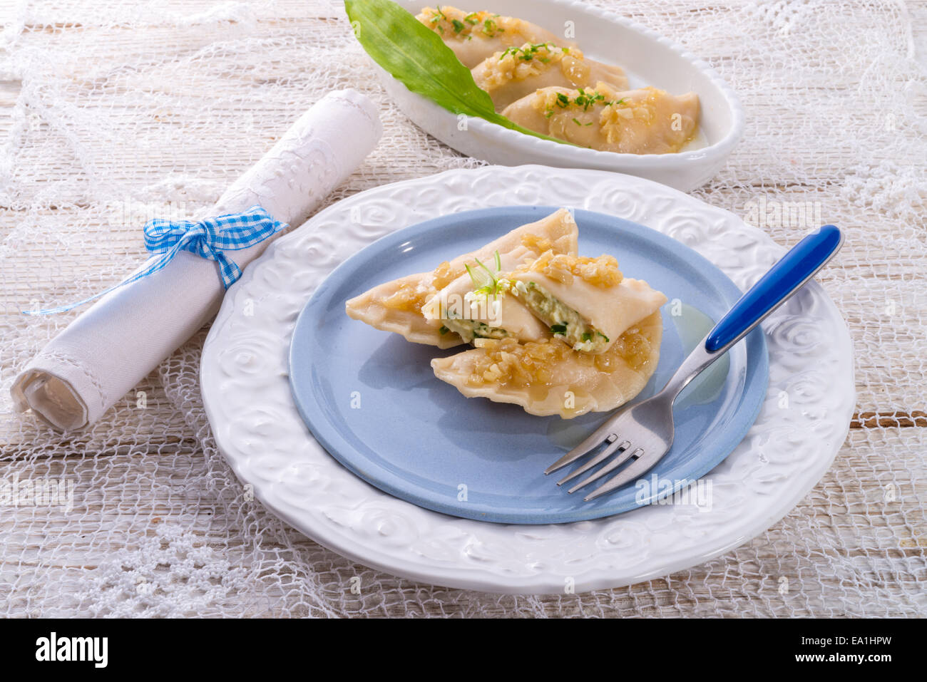 pierogi with wild garlic filling Stock Photo