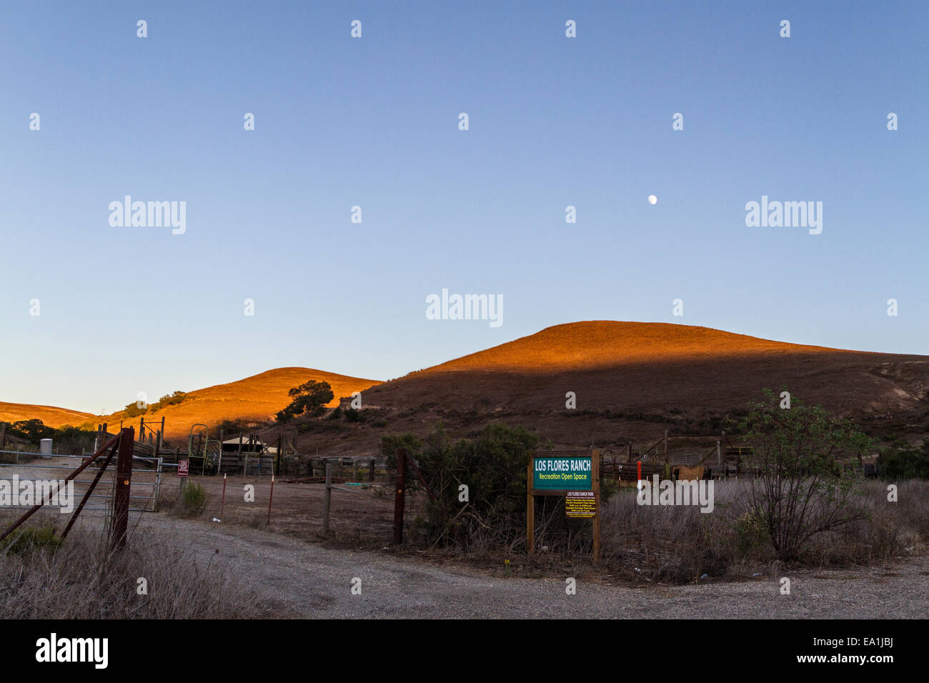 Las Flores Ranch Recreational Open Space Near Santa Maria California USA as the moon rises and the sun sets. Stock Photo