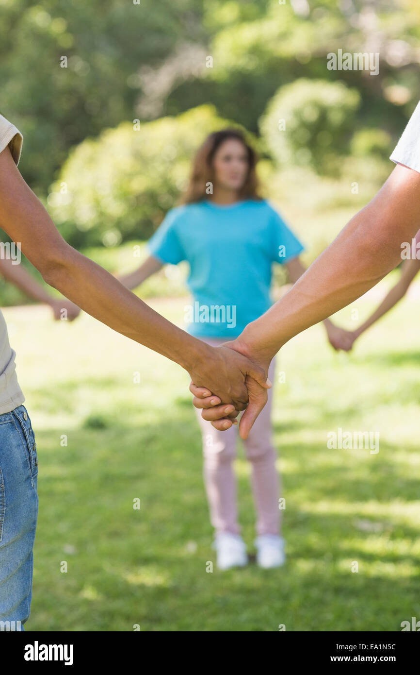 Group of friends holding hands in park Stock Photo - Alamy
