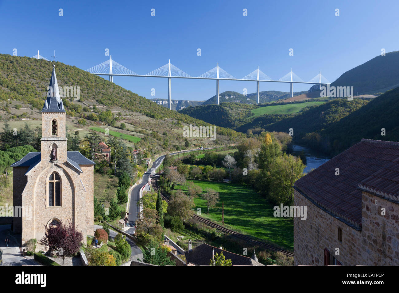 From the vantage point of Peyre, an overview of the Tarn valley with the outstanding viaduct designed by Norman Foster (France). Stock Photo