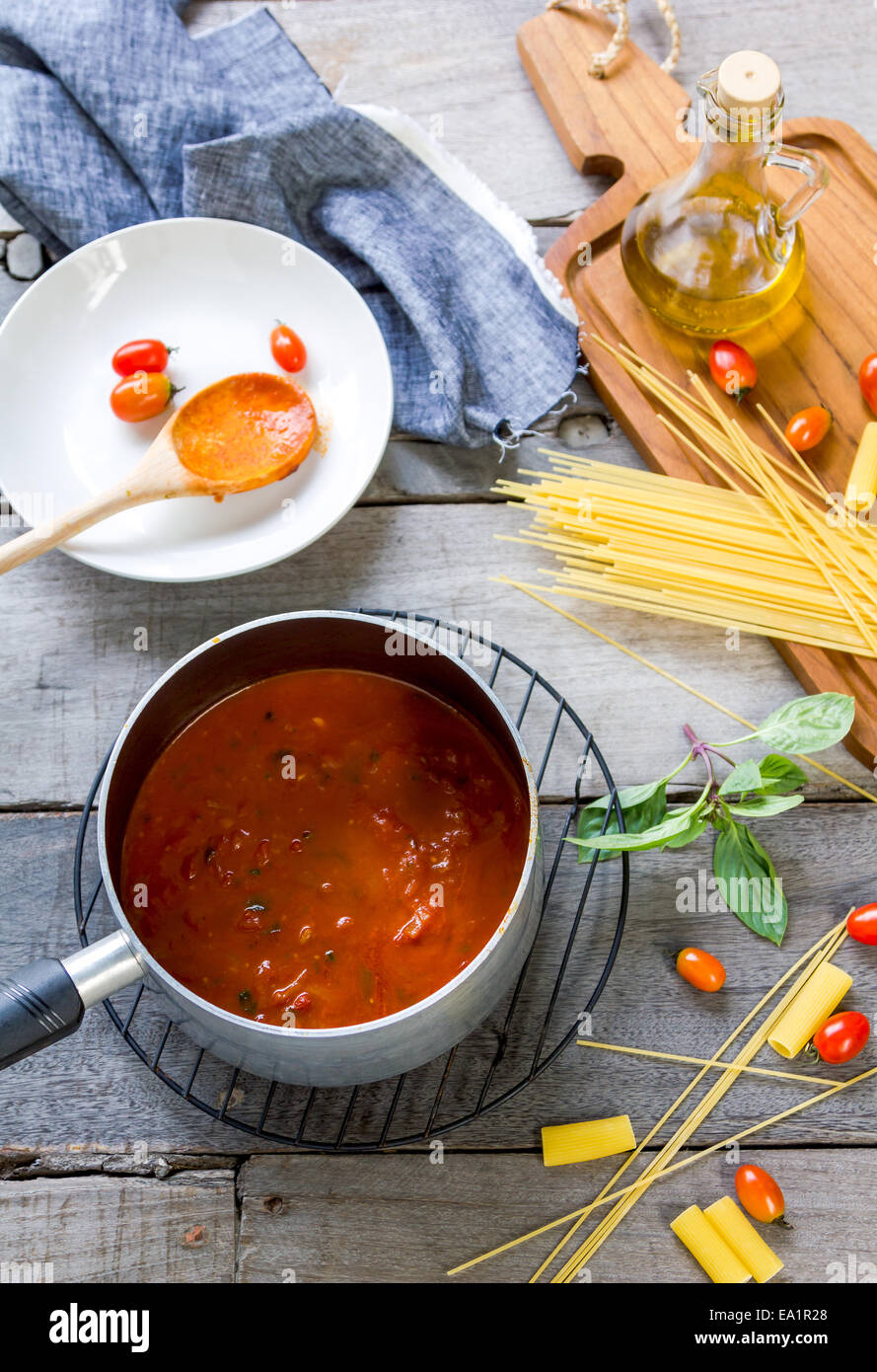 Homemade Tomato sauce for pasta  in a saucepan Stock Photo