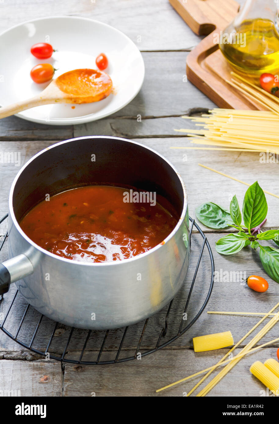 Homemade Tomato sauce for pasta  in a saucepan Stock Photo