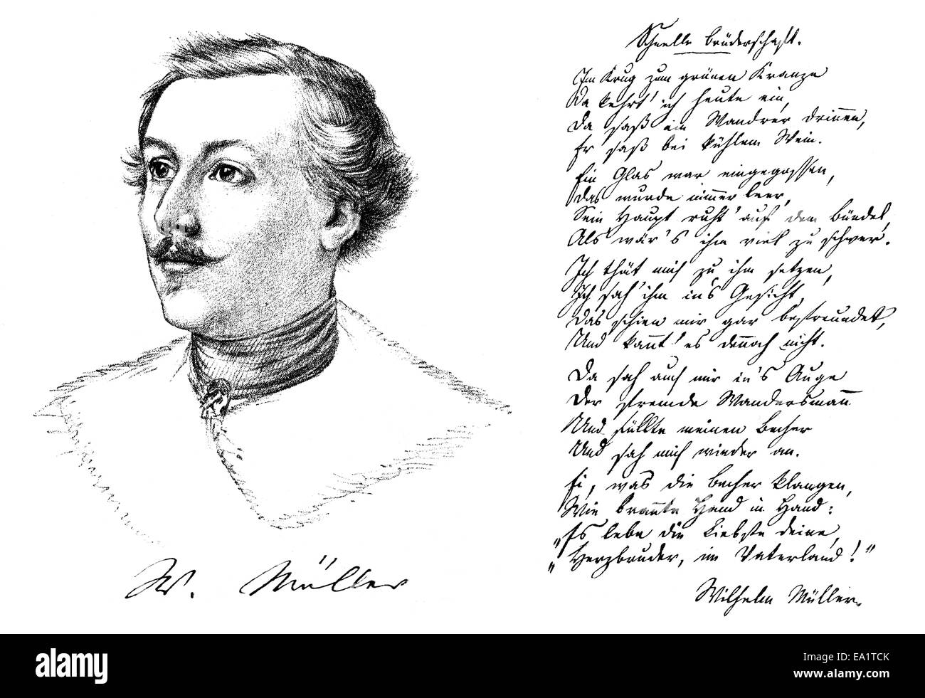 historical manuscript and portrait of Johann Ludwig Wilhelm Mueller, 1794-1827, German poet, Historische Handschrift und  Portai Stock Photo