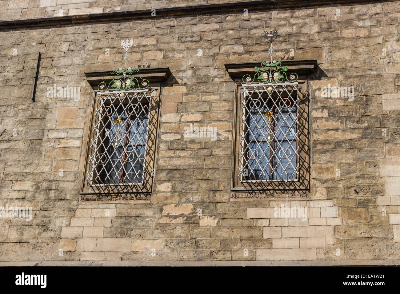 Buildings  and houses in the historical center of Prague. Architecture details: iron gratied windows Stock Photo