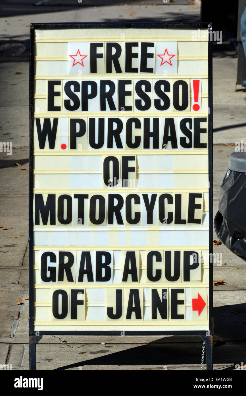 A silly sign outside Jane's  motorcycle shop on Grand Street in Williamsburg, Brooklyn,New York Stock Photo