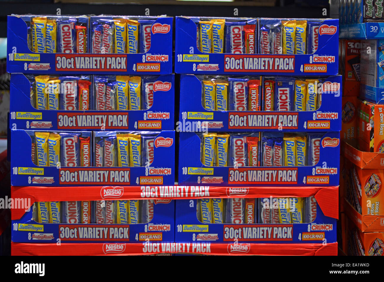 Large packages of 30 candy bars for sale at BJ's Wholesale Club in Whitestone, Queens, New York. Stock Photo