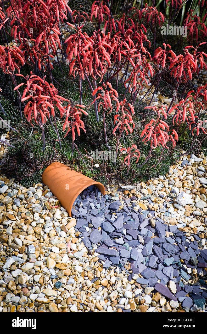 Simulated water flow in a dry pebble and shale garden brightened with flowering aloe plants Stock Photo