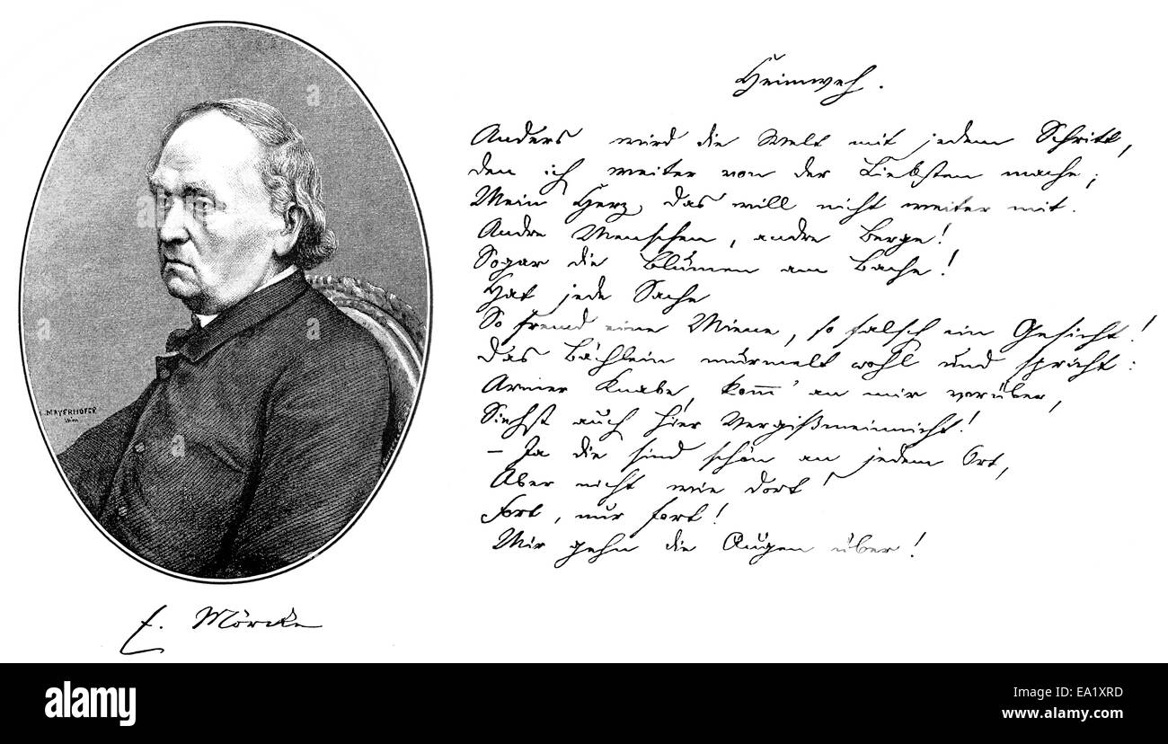 historical manuscript, 1828, and portrait of Eduard Friedrich Phillip Moerike, 1804-1875, German poet of the Swabian School, sto Stock Photo