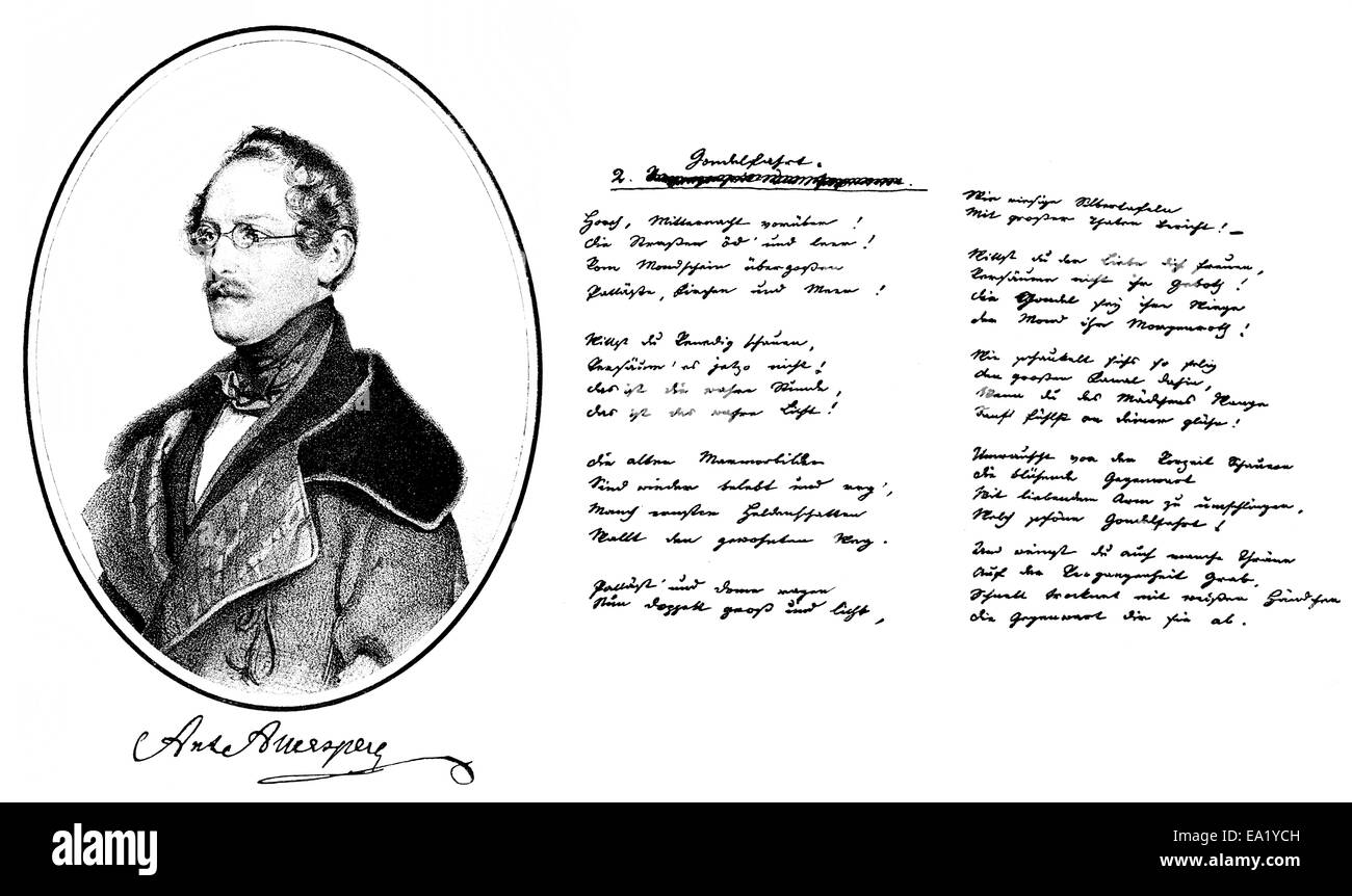 hand written text, 1842, Anton Alexander Graf von Auersperg or Anastasius Gruen, 1806 - 1876, an Austrian politician and German Stock Photo