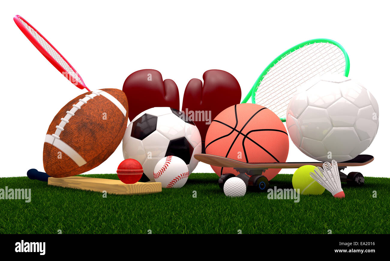 Recreation leisure sports equipment on grass with a football basketball baseball golf soccer tennis ball volleyball cricket skat Stock Photo