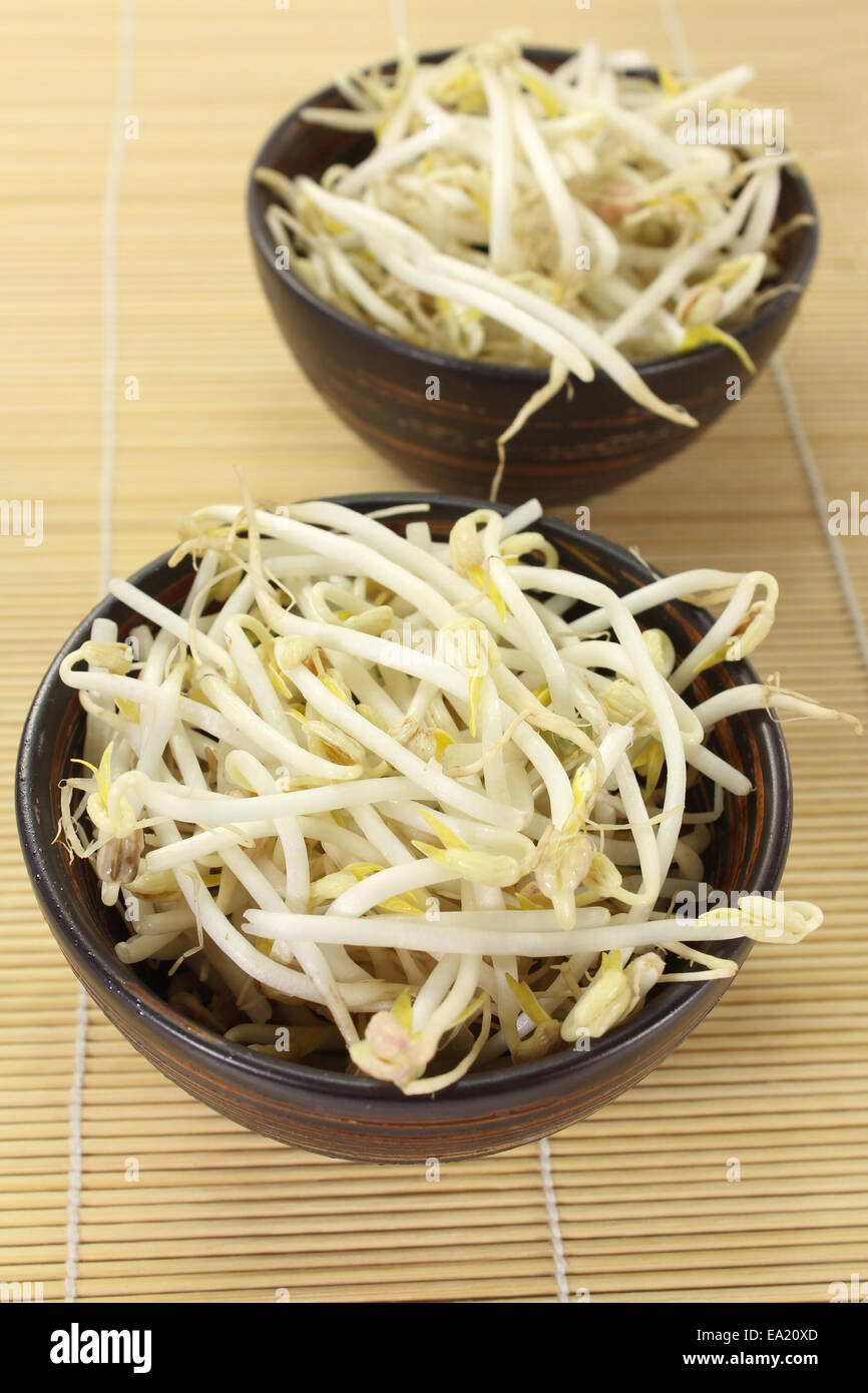 two bowls of mung bean sprouts on a bast mat Stock Photo