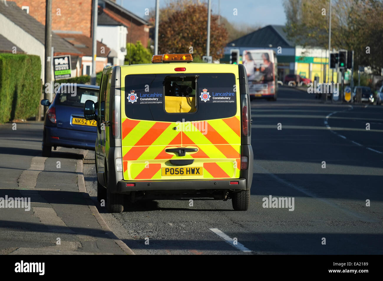 A roadside, mobile speed camera van in Lancashire Stock Photo