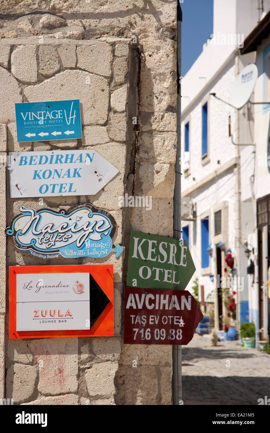 Signs for hotels in Alacati, Turkey Stock Photo