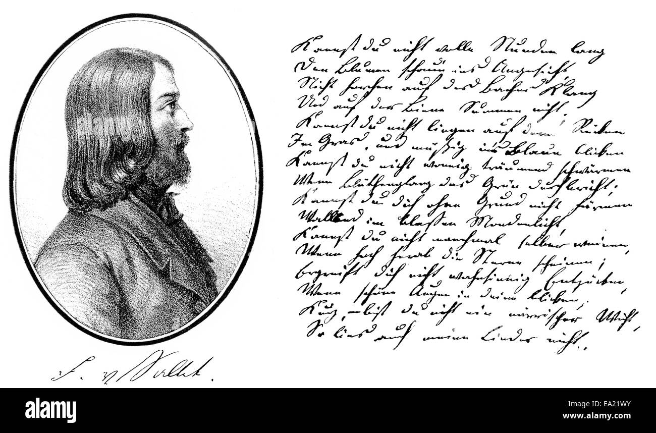 Historical manuscript, 1835, and portrait of Friedrich von Sallet, 1812 - 1843, a German writer, Historische Handschrift, 1835, Stock Photo