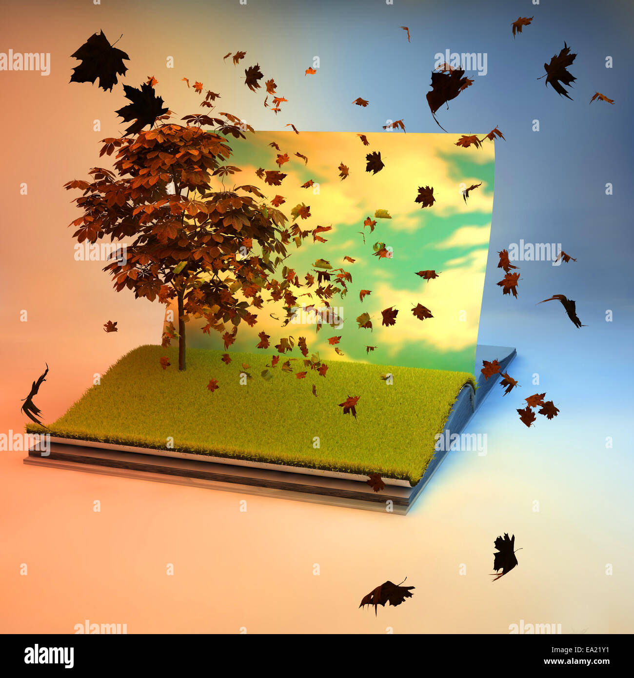 3D illustration of open book with tree on the page. Stock Photo