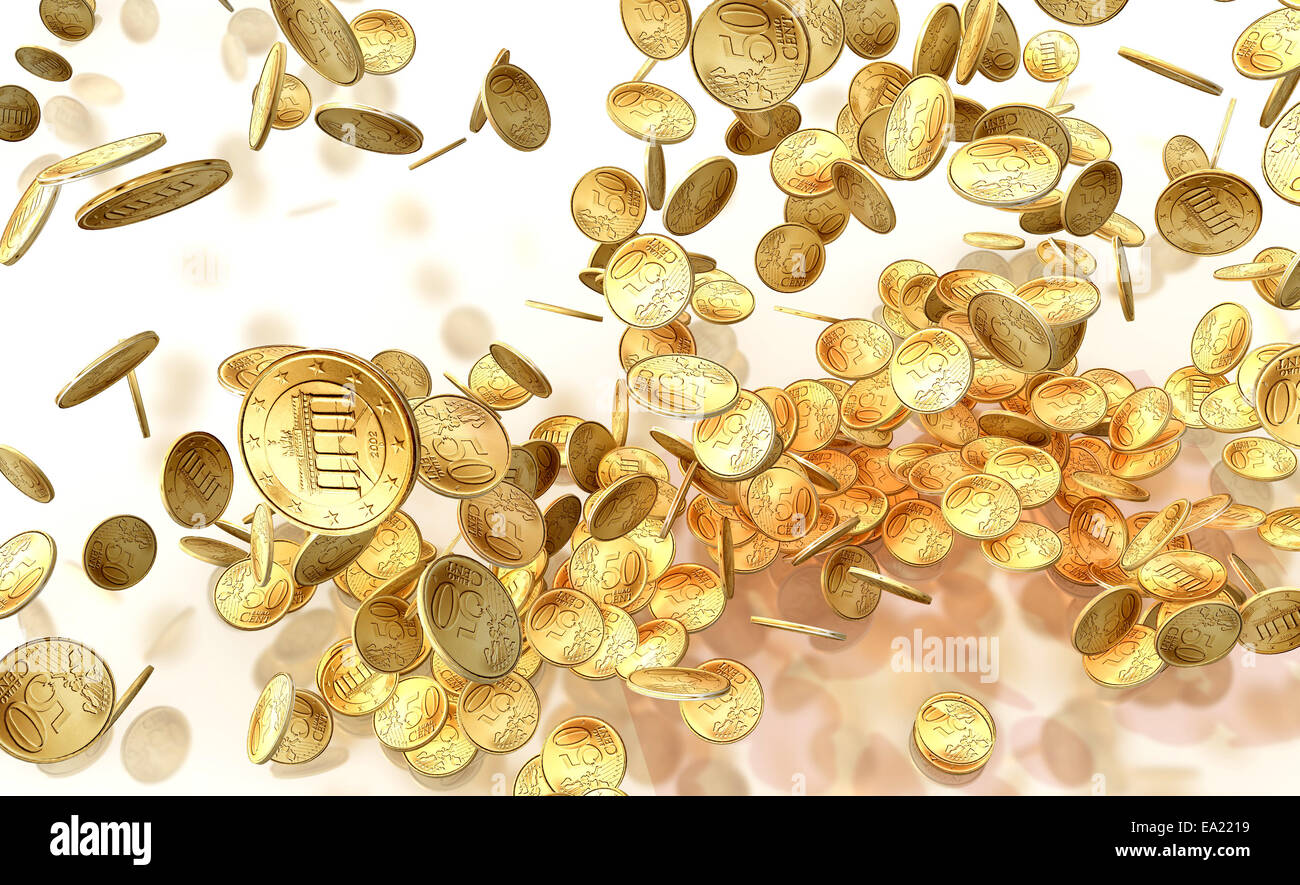 golden falling coins isolated on white background Stock Photo - Alamy