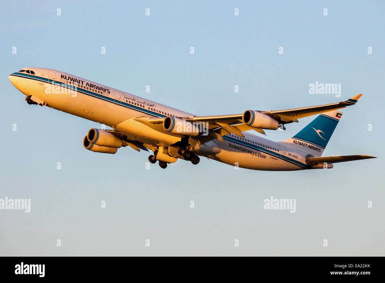 Kuwait Airways Airbus A340-300 climbs away from runway 27L at London Heathrow. Stock Photo