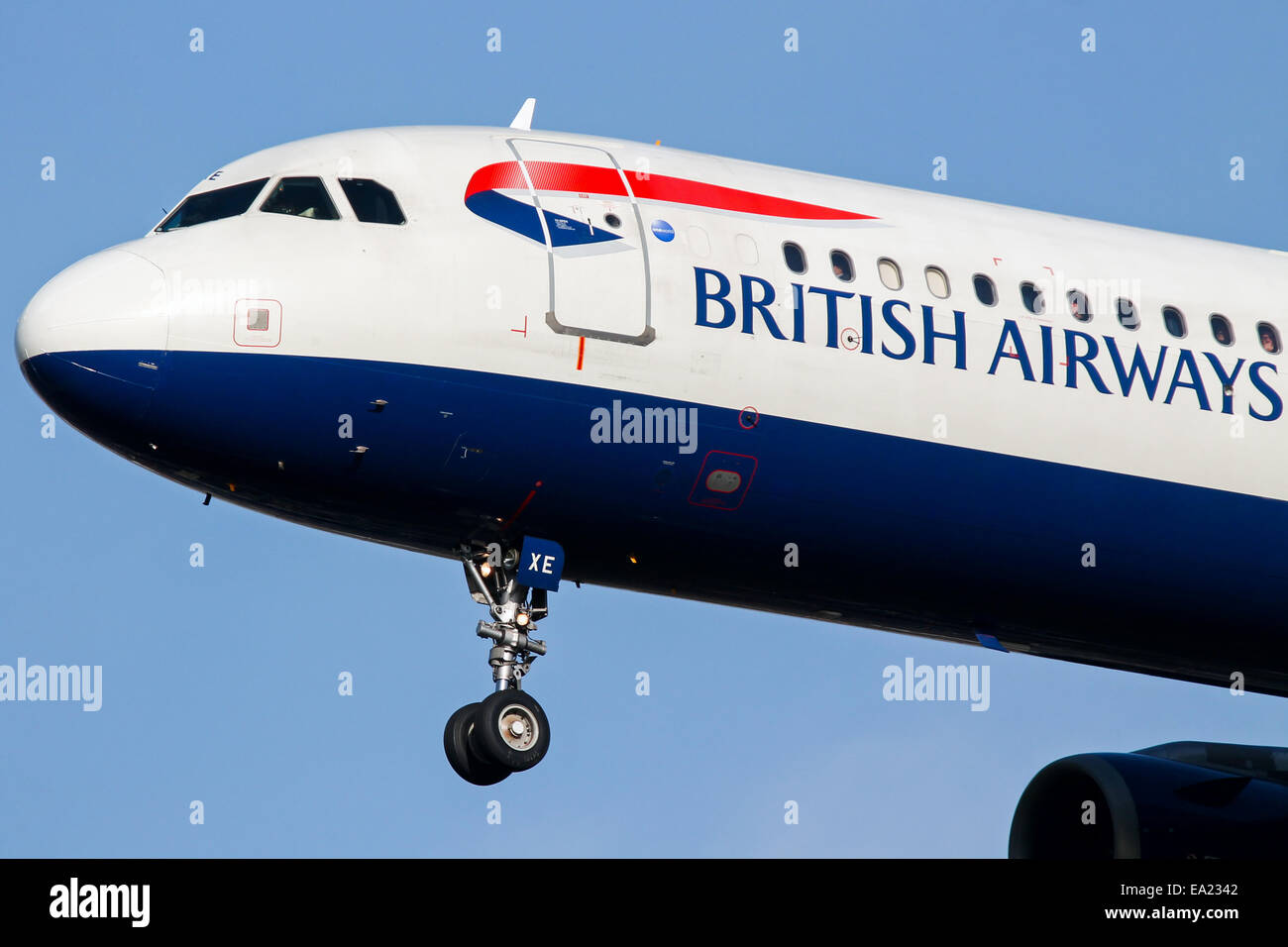 British Airways Airbus A321 approaches runway 27L at London Heathrow Airport. Stock Photo