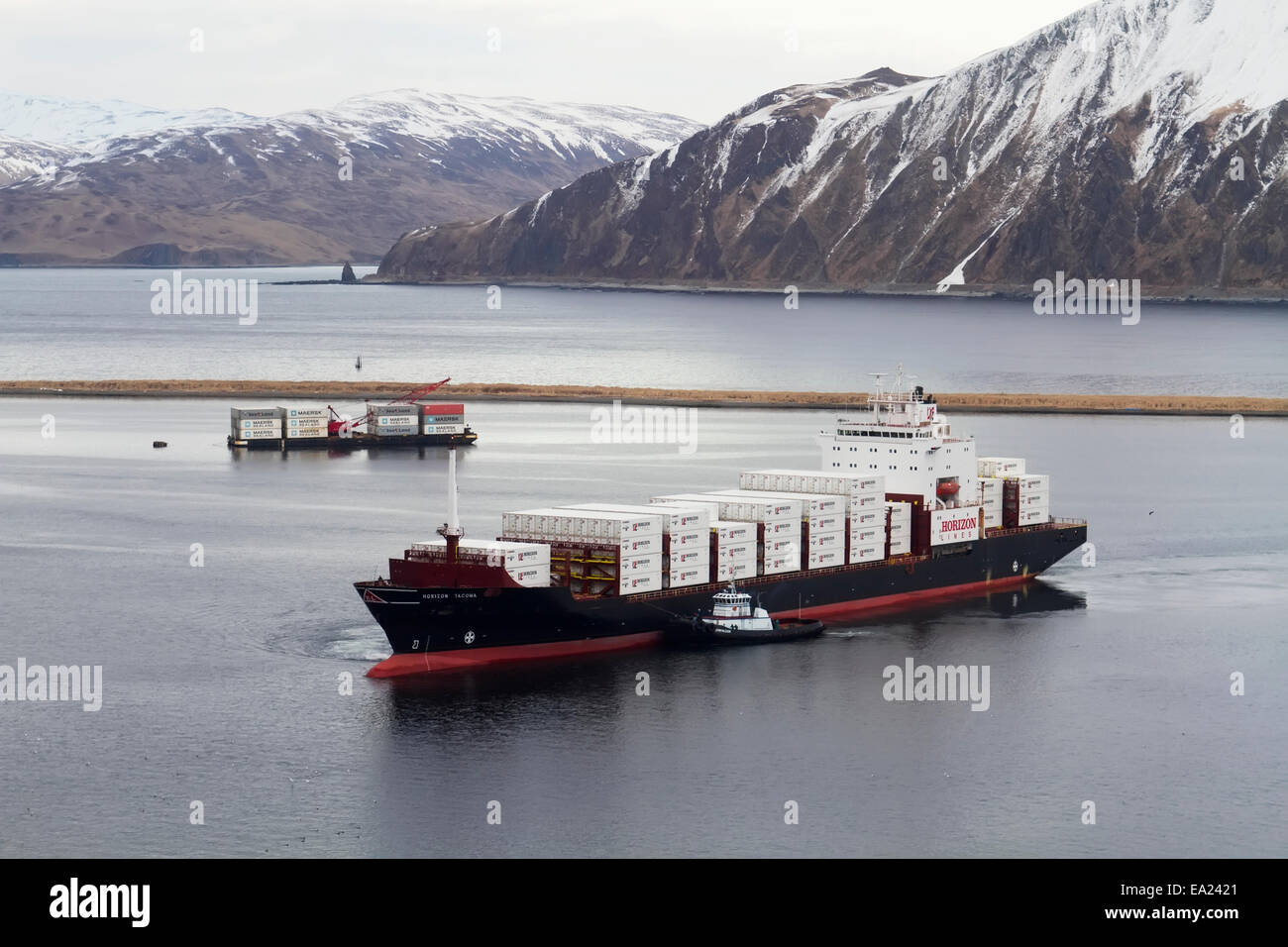 Container vessel H/L Tacoma in Unalaska Bay, Unalaska, Alaska. Stock Photo