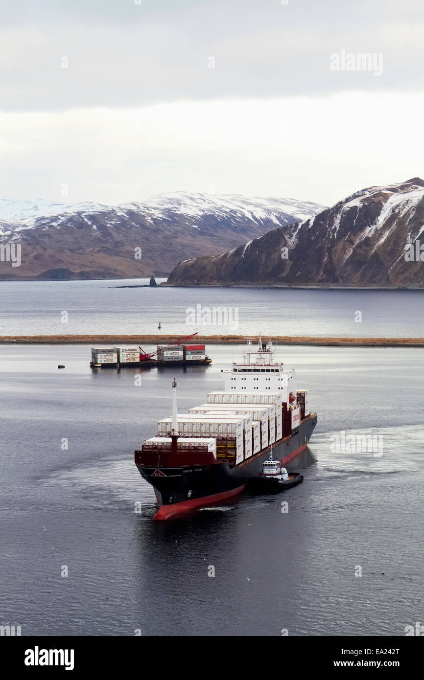 Container vessel H/L Tacoma in Unalaska Bay, Unalaska, Alaska. Stock Photo